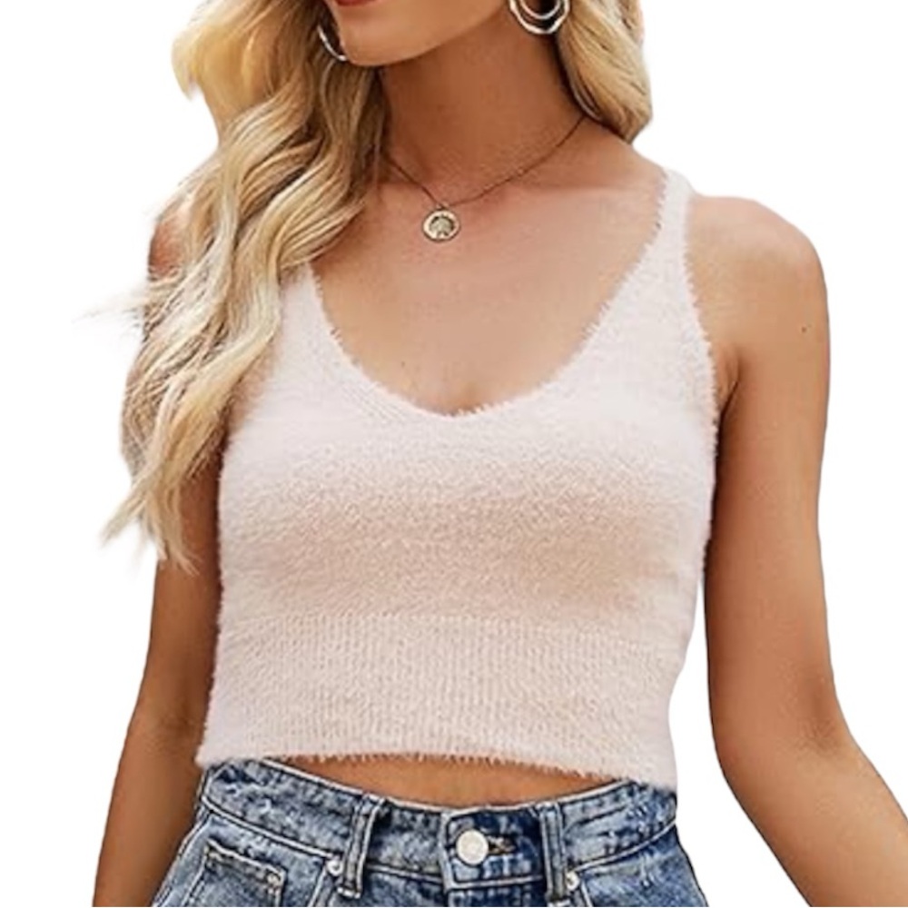 Coffee Bean Fuzzy Soft Stretchy Spaghetti Strap Tank Cropped Crop Top Cream